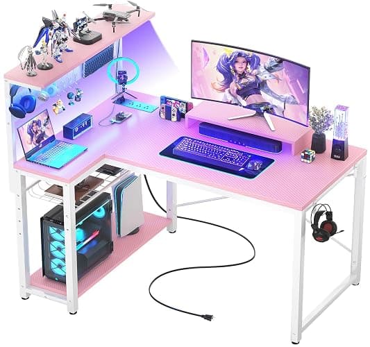 Homieasy Small Gaming Desk with Power Outlets Pegboard LED Light, 43 Inch L Shaped Computer Desk with Monitor Stand Storage Shelves, Reversible Corner Desk with Headset Hooks, Carbon Pink - Carbon Fiber Pink - 43 inch - Image 1