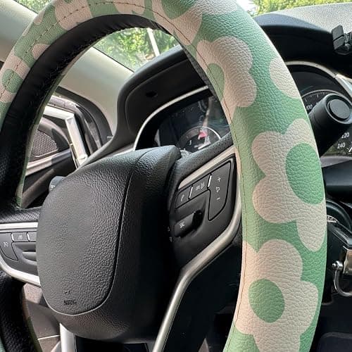 Vintage Groovy Flowers Car Leather Steering Wheel Cover - 15-inch Universal Microfiber- Soft & Breathable & Silicone Anti Slip Auto Steering Wheel Wrap for Women (Sage Green) thumbnail 3