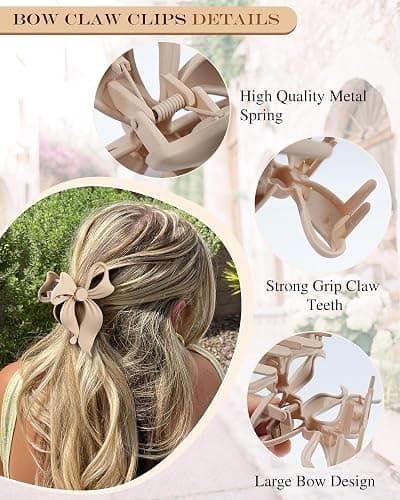 4 PCS Bow Hair Clips Bow Claw Clip for Women, Large Hair Claw Clips for Thin Thick Long Hair Cute Nonslip Bows (Black+Grey+Dark Brown+Light Brown) thumbnail 3