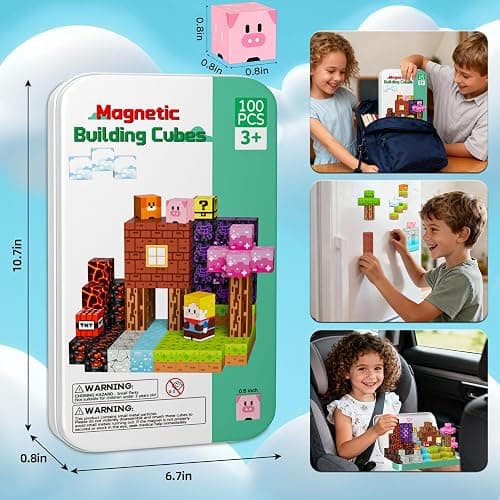 iLacven Magnetic Blocks Travel Magnetic Building Blocks Cubes - 100 PCS Tin Box Magnet Toys Set STEM Educational Stacking for Kids Ages 3 4 5 6 7 8 9 10 11 12 Year Old Boys Girls Birthday Christmas thumbnail 3