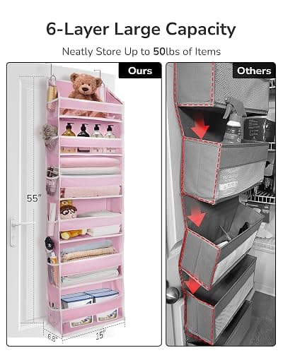 ULG Over The Door Organizer with 6 Large Pockets 12 Side Pockets, 50lbs Weight Capacity Door Hanging Storage Organizer for Bedroom, Bathroom, Pantry, Nursery Storage, Pink thumbnail 3