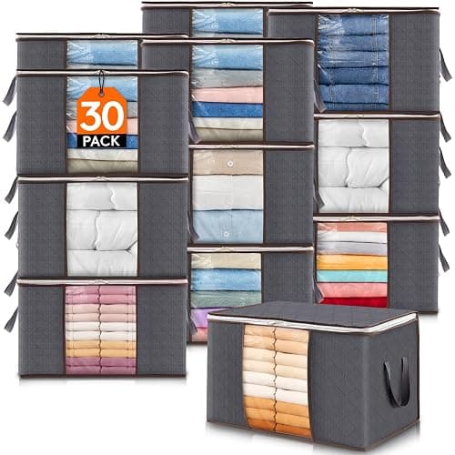 Lifewit 30 Pack 60L Clothes Storage Bins with Lids, Foldable Blanket Storage Bags with Zippers, Clear Window and Reinforced Handles, Closet and Organization for Clothing, Sweater, Comforter, Bedding - Image 1