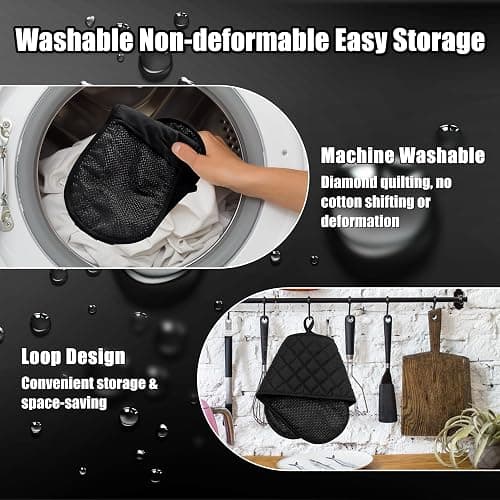Oven Gloves Heat Resistant, Anti-Slip Silicone Oven Glove for Cooking | Black Double Oven Gloves, Heat Proof Gloves, Silicone Oven Mitts Featuring Breathable Cotton Lining for Dessert Making, BBQ thumbnail 5