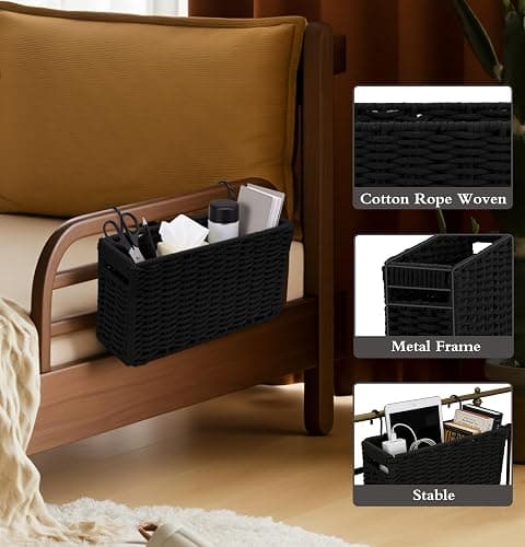 Cotton Rope Woven Bedside Caddy for Dorm Bed, Foldable Bedside Shelf Bunk Bed Accessories, College Dorm Room Essentials Hanging Organizers Storage Basket, Room Decor Magazine File Holder (Black) thumbnail 4