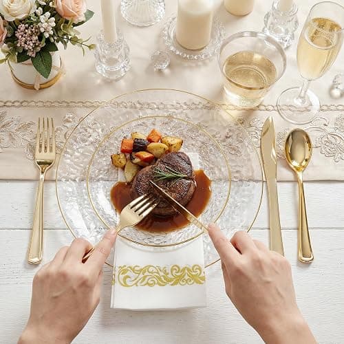 Rubtlamp 350 Pcs Clear Gold Plastic Plates, Hammered Disposable Dinnerware, Clear-Gold Plates Set Include 100 Plastic Platos, 150 Gold Disposable Silverware, 50 Cups And 50 Napkins for Party thumbnail 2