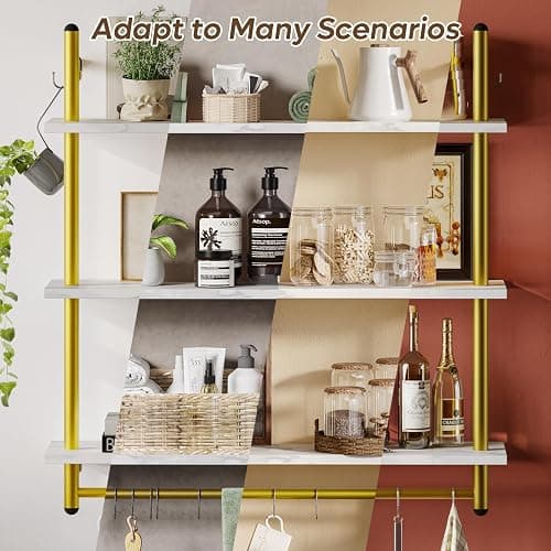 Bestier 31" Industrial Pipe Shelving, Floating Kitchen Wall Shelves 3 Tier Coffee Bar Shelves for Wall with 8 Hooks, Hanging Display Shelf Bookshelf for Living Room Bathroom, White Marble thumbnail 8