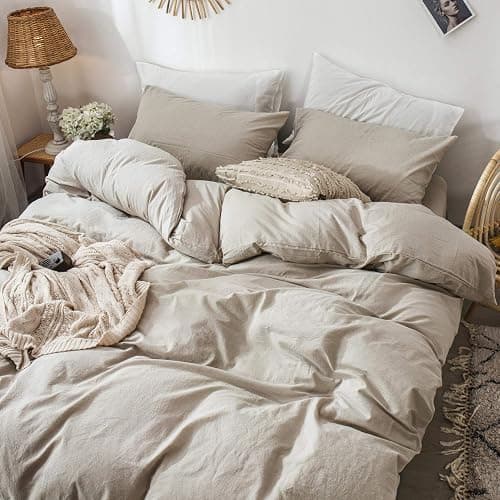 MooMee Bedding Duvet Cover Set 100% Washed Cotton Linen Like Textured Breathable Durable Soft Comfy (Heathered Tannish Linen Grey, Cal King 104"x98") thumbnail 3