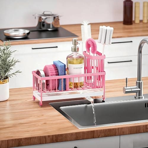 Cisily Sponge Holder for Kitchen Sink, Sink Caddy Organizer with High Brush Holder, Kitchen Countertop Organizers and Storage Essentials, Rustproof 304 Stainless Steel (Pink, 9.25″) thumbnail 7