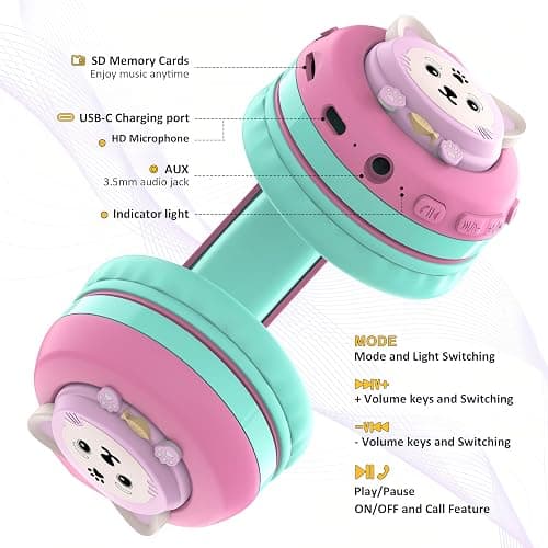 Riwbox CB-7S Kids Wireless Headphones,with Safe Volume Control 74/85/95dB,LED Glow Lights,50H Playtime,Bluetooth V5.3,Built-in Mic, TF Card Slot,for Travel/School/Phone/Laptop (Pink&Green) thumbnail 4