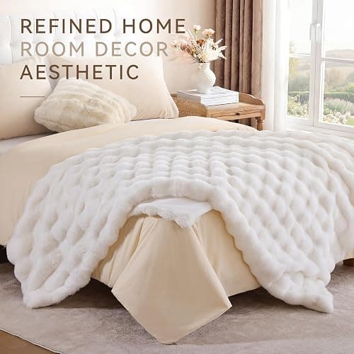 Smoofy Faux Fur Throw Blanket for Couch - Cream White Super Soft Cozy Bubble Blanket, Fluffy Plush Fuzzy Throw for Sofa & Bed, Thick Lightweight Warm Blanket, Luxury Aesthetic Gift for Women 50"x60" thumbnail 9