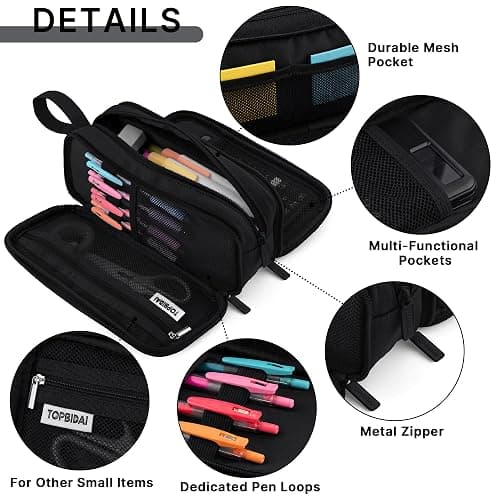 TOPBIDAI Large Pencil Case Pouch for Girls Boy Women Men Adults | Big Capacity Canvas Pencil Bag, Office School Supplies, Multi Compartment Zipper Stationery Pen Box (Coal Black) thumbnail 4