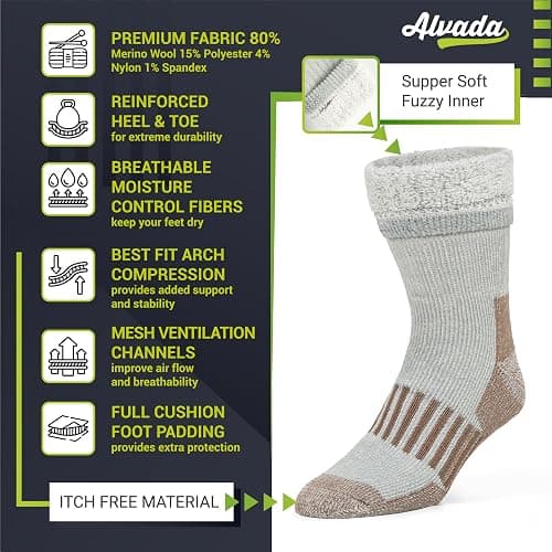 Alvada Merino Wool Hiking Socks Thermal Warm Crew Winter Boot Sock For Men & Women 3 Pairs thumbnail 3