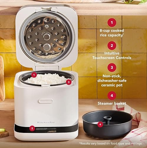 KitchenAid Compact 8 Cup Grain and Rice Cooker, Integrated Scale, KGC2154PL | Precise Pour Technology, Integrated Scale, 16 Presets, Steam cooking basket, Easy to Clean, Porcelain White thumbnail 7