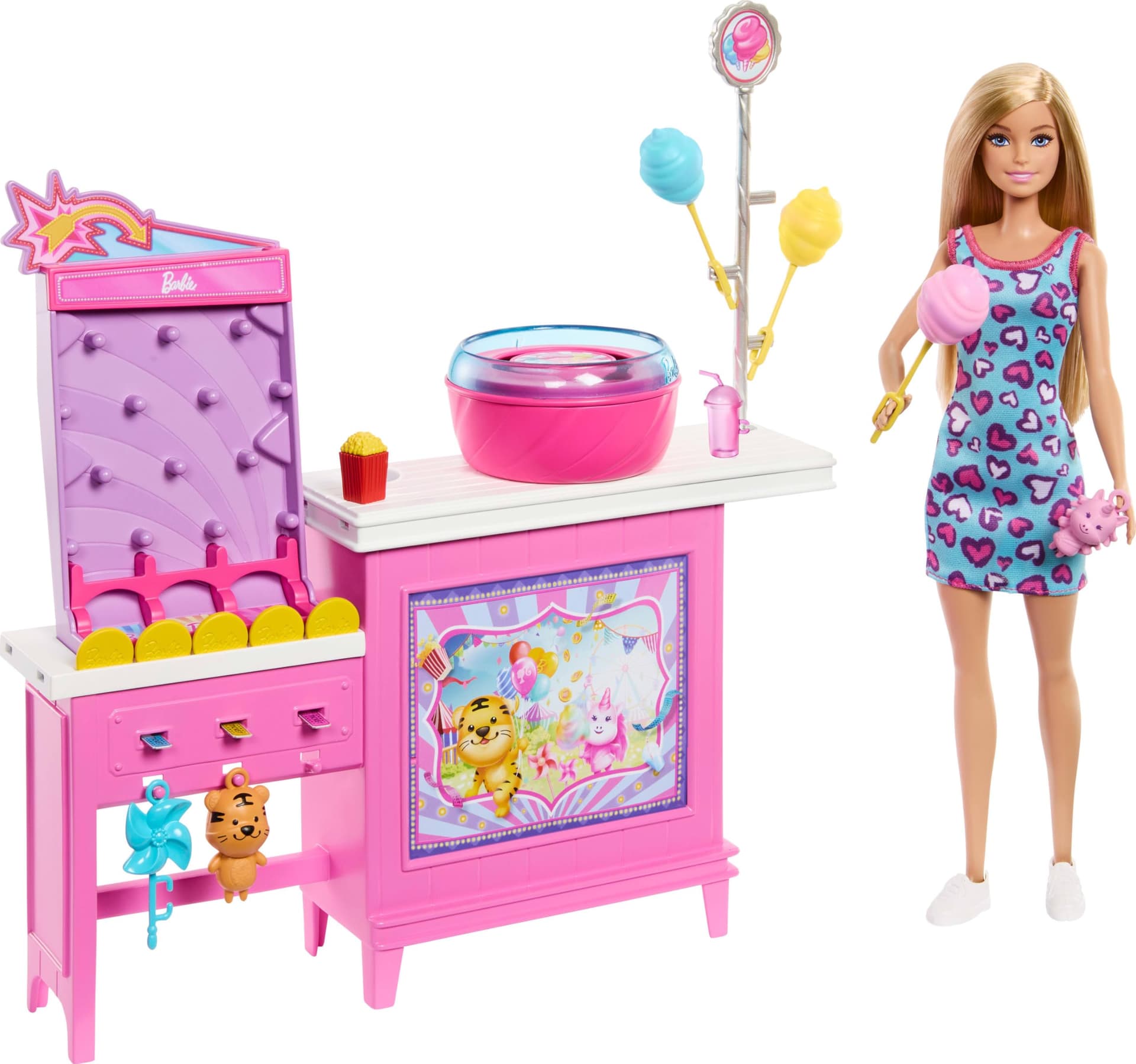 Barbie Mysteries: Beach Detectives Malibu” Doll & Cotton Candy Game Booth Playset with 20 Accessories Including Prizes, JFV67 - Image 1
