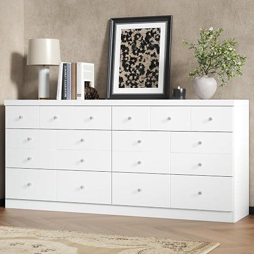63'' Long Dresser for Bedroom, Modern 6 Drawer Dresser with 14 Organized Compartments & Glass Handles, Extra Large Chest of Drawers with Storage Drawer, Double Wide White Wood Dressers for Bedroom - Image 1