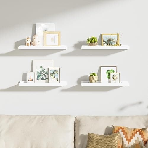 Love-KANKEI White Floating Shelves for Wall Set of 4, Wood Wall Shelves with Lip,15.6 Inch Rustic Hanging Shelves for Bedroom Bathroom Living Room Kitchen Nursery Display thumbnail 8