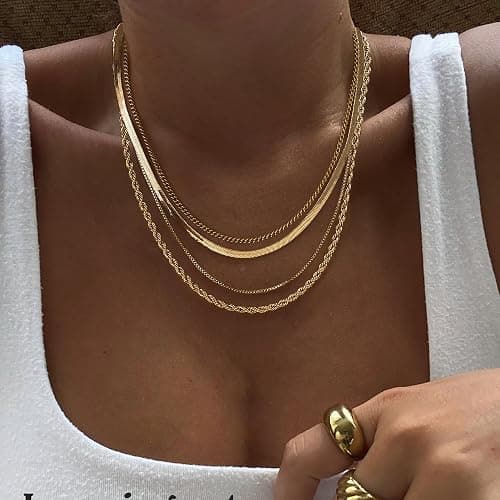 Tewiky Layered Necklaces for Women 14k Gold Plated Chain Necklace Set | Chunky Herringbone/Snake/Rope/Box/Cuban Link Chain for Women, Layering Stack Choker Necklace, Dainty Jewelry Set Non Tarnish thumbnail 3