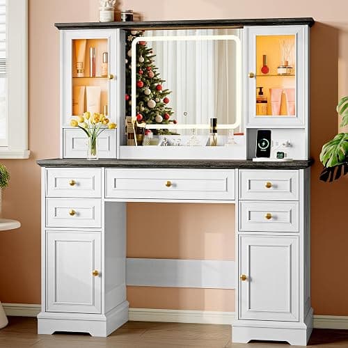 Xixini 43.3" Farmhouse Vanity Desk with LED Mirror, RGB Cabinets, White | Makeup Vanity Table with 6 Drawers, Storage Cabinets & Open Shelves, Power Outlet, 3 Light Modes & Dimmable for Women & Girls thumbnail 3
