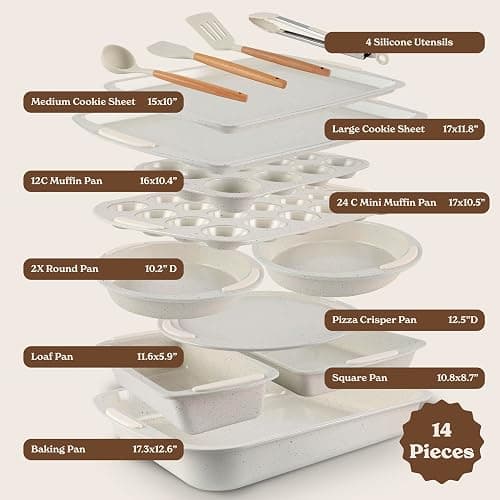 Country Kitchen Nonstick Stackable Bakeware Set - Durable, Easy Release Baking Set, Cream, 14 Pcs thumbnail 3