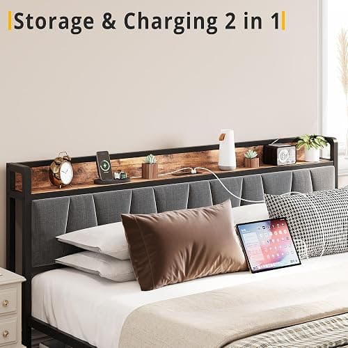 LIKIMIO Queen Bed Frame, Storage Headboard with Charging Station, Platform Bed with Drawers, No Box Spring Needed, Easy Assembly, Vintage Brown and Gray thumbnail 4