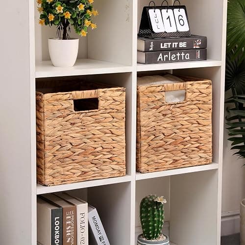 HOYCYA6 11x11in Wicker Storage Basket Set of 2 Collapsible Hyacinth Cube Storage Baskets,Storage Bins for Organizing Storage Basket with Built-in Handles thumbnail 7