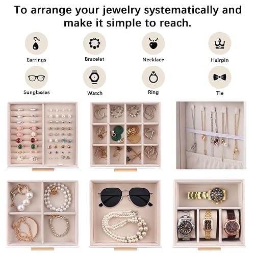 Homeanda Jewelry Box for Women with Glass Lid, 5 Drawers Jewelry Organizer and Storage for Necklaces, Rings, Earrings, Bracelets, Gift for Girls and Teens,PU Leather (White) thumbnail 4