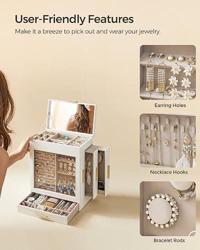 SONGMICS Jewelry Box with Glass Window, 5-Layer Jewelry Organizer with 3 Side Drawers, Jewelry Storage, with Big Mirror, Modern, 6.1 x 10.3 x 12.6 Inches, Cloud White and Metallic Gold UJBC162W01 thumbnail 6