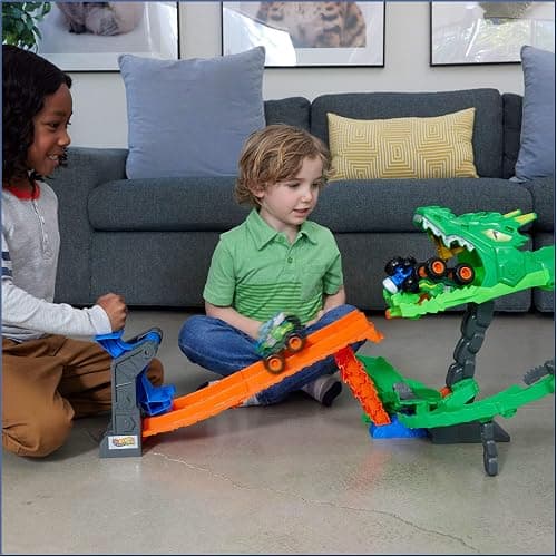Hot Wheels Toy Monster Trucks, Sharks vs. Dinos Dragon Destruction Playset with 1:64 Scale Great Bite & Rageasaur, Race to Defeat The Cyborg Nemesis thumbnail 2