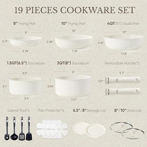 CAROTE 19pcs Pots and Pans Set Non Stick, Detachable Handle Cookware | Kitchen Cooking Sets, Space Saving, Dishwasher & Oven Safe, Non-Toxic, for Camping/RV/Traveling, Cream White thumbnail 2