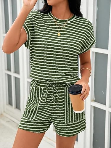 Tankaneo Womens Striped Summer 2 Piece Short Sets Short Sleeve T Shirts Drawstring Shorts Casual Outfits Lounge Pajama Sets thumbnail 3