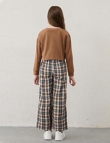 Gaupafmb Girls Clothes Solid Long Sleeve Tops Plaid Wide Leg Pants with Pockets Girls Outfits Size 6-14 thumbnail 3
