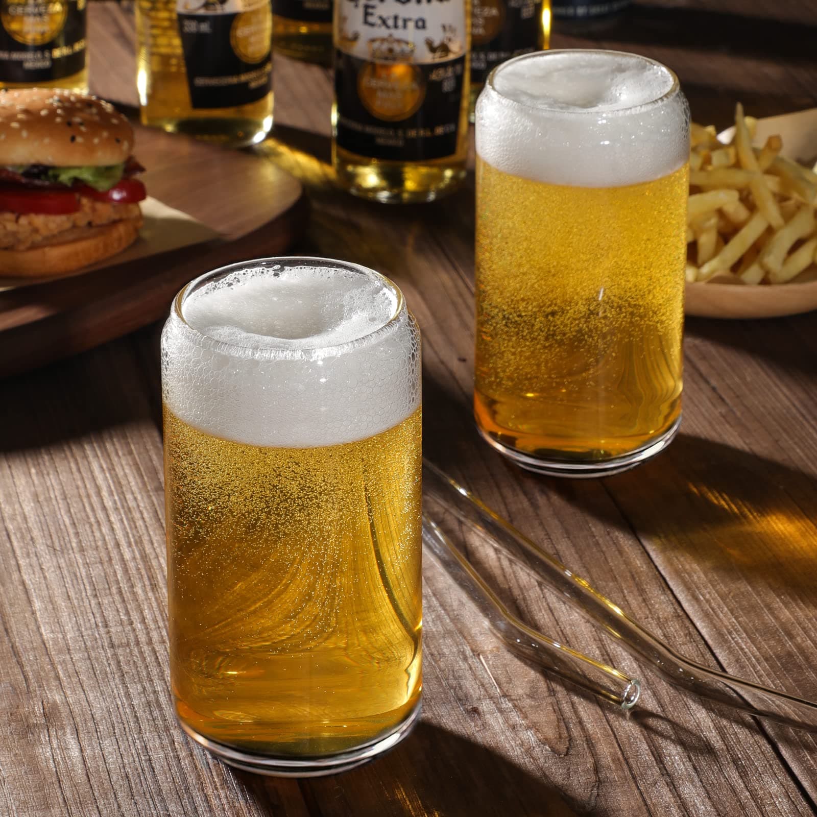 NETANY Drinking Glasses with Glass Straw 4pcs Set - 16oz Can Shaped Glass Cups for Beer, Iced Coffee, Tumbler Cup for Whiskey, Soda, Tea, Water, Gift - 2 Cleaning Brushes thumbnail 3