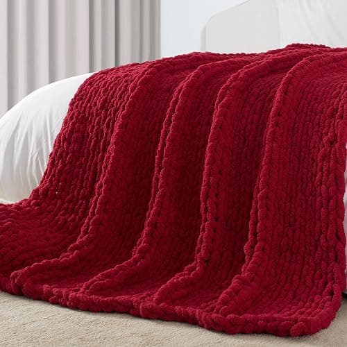 Carriediosa Chunky Knit Throw Blanket 50" X 60", 100% Hand Made Large Chenille Loop Yarn Soft Fluffy Throws for Couch Sofa Bed, Big Crochet Cozy Heavy Thick Cable Woven Blankets, Red - Image 1