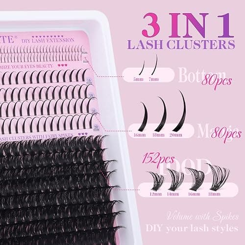 CORUSCATE 100D Lash Clusters with Bottom Lashes Spikes Eyelash Clusters Multi-type Individual Lashes Thick DIY Lash Extension Kit Fairy Cluster Eyelash Extensions 5-20mm Wispy Cluster Lashes Spike thumbnail 3