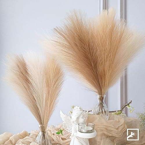 ZIFTY 6-Pcs 17" Pampas Grass Faux Pompas Fluffy Artificial Fake Flower Boho Decor for Vase Filler Ins Style Modern Home Wedding Decorations (Beige Mixed) thumbnail 5