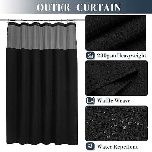 N&Y HOME Waffle Weave Shower Curtain with Snap-in Fabric Liner & 12 Black Hooks Set - Hotel Style, Water-Repellent & Washable, Mesh Top Window - 71x72, Black - Black - 71"W x 72"L (Pack of 1) thumbnail 3