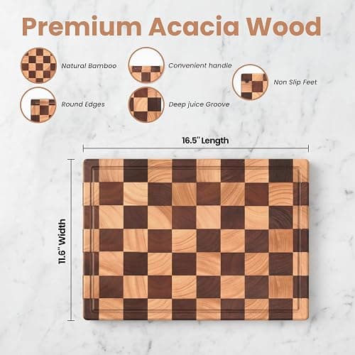 Large Wood Cutting Board-"16.5x11.6”100% Organic Acacia Wood Cutting Board, Checkered Wooden Cutting Board for Kitchen, End Grain Butcher Block with Deep Juice Groove, Built-In Handle & Non-Slip Pads thumbnail 3