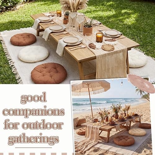 Frienda 91'' x 71'' Extra Large Outdoor Boho Picnic Blanket with Camel Table Runner and 6 Brown Floor Pillows Cushions for Picnic Party Camping Wedding Bachelorette Birthday Baby Shower Backyard Decor thumbnail 4