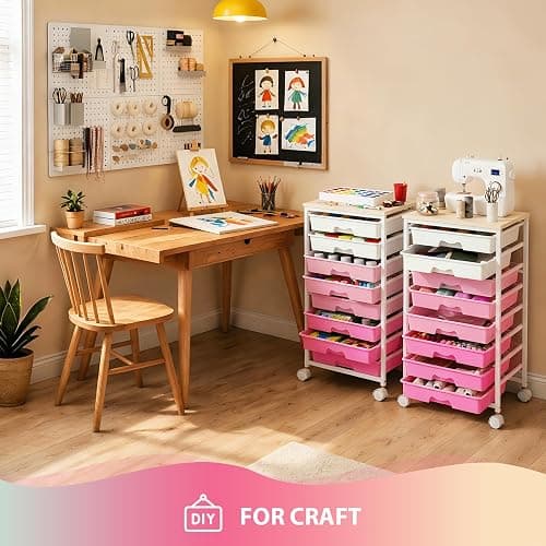Goovilla Rolling Cart with Drawers, Utility Cart Organizer With 8 Removable Drawers and Wooden Tabletop, Lockable Rolling Storage Organizer for Art, Classroom, Home, Dorm, Office, Craft Storage, Pink thumbnail 7