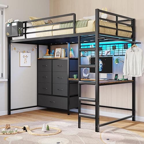 DICTAC Twin Loft Bed with L-Shaped Desk and 7 Storage Drawers,Metal Twin Size Loft Bed for Kids with LED Lights and Charging Station,13.11" H Safety Guardrail and Ladder,No Box Spring Needed, Black thumbnail 8