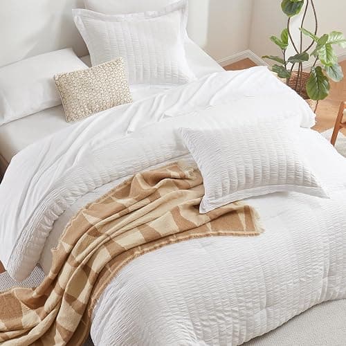 CozyLux Oversized Queen Comforter Set White Seersucker 7 Pieces 98x98 Bed in a Bag Comforter Set with Sheets, Luxury Soft Bedding Sets with Down Alternative Comforter, Sheets, Pillowcases & Shams thumbnail 4