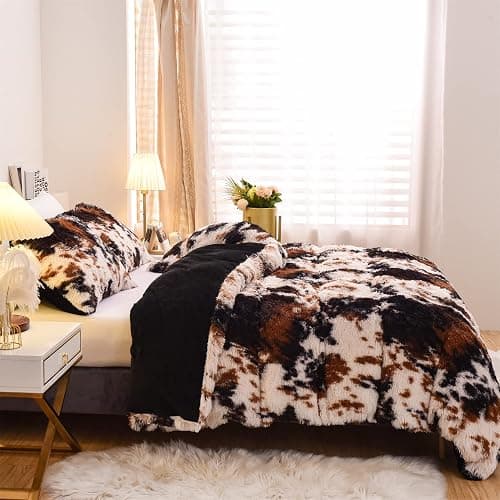 Aimuan Cow Print Duvet Cover Shaggy Fluffy Tie Dye Brown Black Velvet Bedding Cover Set Super Soft Faux Fur Fuzzy Comforter Cover with Pillowcases (Coffee-Black, Queen) thumbnail 2
