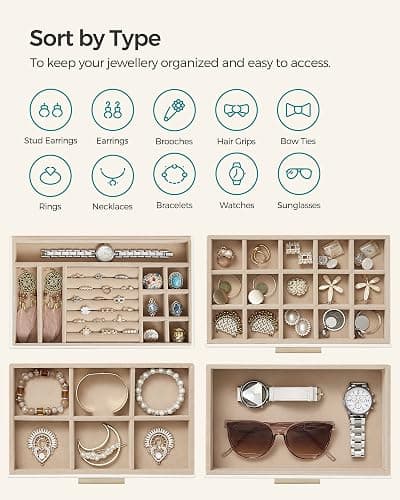 SONGMICS Jewellery Box with Glass Lid, 4-Layer Jewellery Storage Organiser with 3 Drawers, Plenty of Storage, Modern, Gift Idea, 15.3 x 25.1 x 21.5 cm, Cloud White and Gold Colour JBC161W01 thumbnail 4