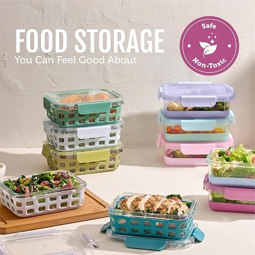 Ello Duraglass 3.4 Cup Meal Prep Sets 10Pc, 5 Pack Set- Glass Food Storage Container with Silicone Sleeve and Airtight BPA-Free Plastic Lids, Dishwasher, Microwave, and Freezer Safe, Evening Orchard thumbnail 7