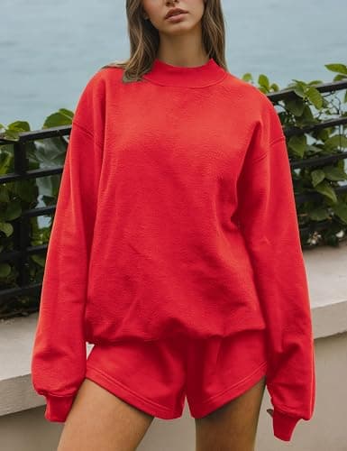 MISSACTIVER Women's 2 Piece Lounge Set Mock Neck Oversized Sweatshirts Sweat Shorts With Pockets Matching Tracksuit Set thumbnail 3