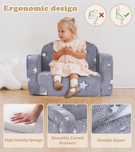 Kids Couch, 2-in-1 Soft Toddler Couch Fold Out with with Blanket and Cloud Pillow, Glow in The Dark, Toddler Chair Comfy, Convertible Sofa to Lounger, Gifts for Kids Girl Boys, Medium Grey Star thumbnail 7