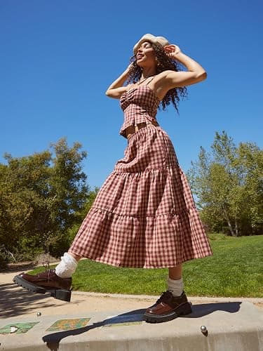 CIDER Gingham Tiered Maxi Skirt Long Skirts for Women A Line High Waist Flowy Skirt Casual Woven Midi Skirt thumbnail 5