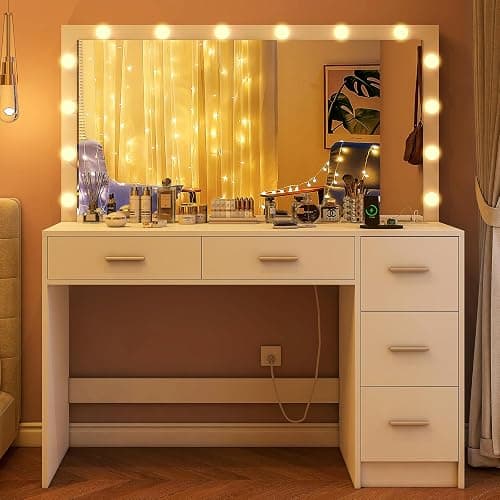 FIONESO 47.2" Large Vanity Desk with Mirror & 14 LED Lights, Makeup Vanity Table with 5 Drawers & Charging Station, Makeup Vanity Desk, 3 Lighting Colors, Dressing Vanity Table for Bedroom, White thumbnail 9