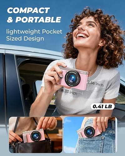 4K Digital Camera,64MP Cameras for Photography with 16X Digital Zoom, AutoFocus Vlogging Camera for YouTube, 3" 180°Flip Screen Compact Travel Camera, Anti-Shake 4K Video Cameras with 64GB Card, Pink thumbnail 5