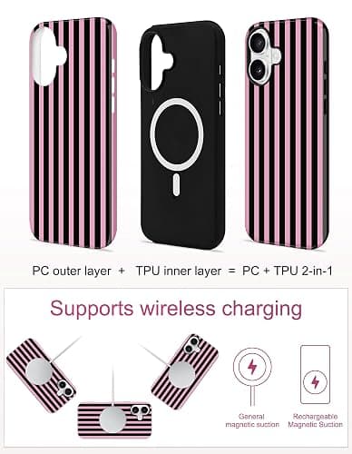 Aitipy Magnetic Striped Phone Case for iPhone 16 Plus, Black Pink | Compatible with MagSafe, Cute Stripes Aesthetic Pattern Design, TPU and PC Protective Phone Cover for Women Men Girls Boys thumbnail 2